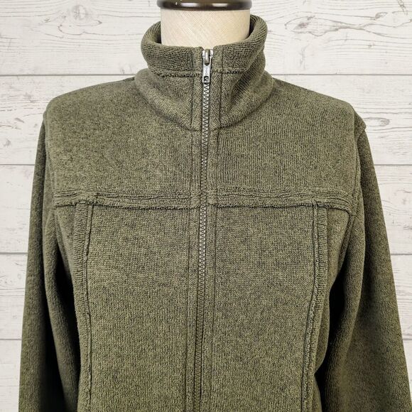 Prana Jacket L Olive Green Stretch Knit Full Zip Collared Pockets Warm - Picture 2 of 8